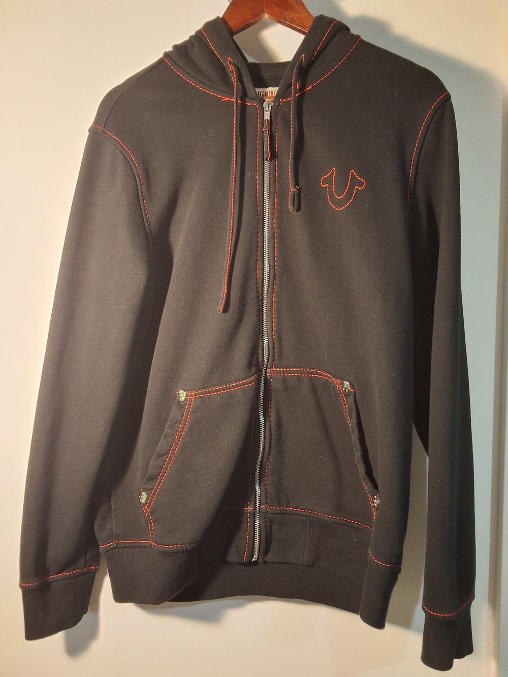 True Religion World Tour Zip Hoodie Black Red Contrast Stitch Logo Size Large